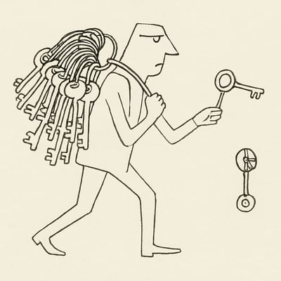 Persona stilizzata piegata da molte chiavi-decisioni; poi sollevata da una sola chiave con simbolo di ruota, evocando sollievo e senso di equità condivisa.