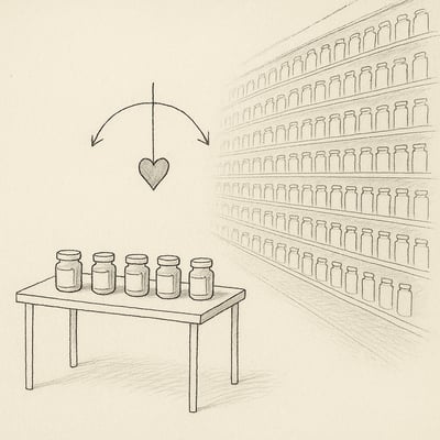 Un banco con poche marmellate contrasta uno scaffale infinito sullo sfondo; la scena suggerisce che meno scelte portano chiarezza e sollievo emotivo.