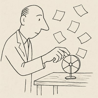 Mano che avvia una ruota minimalista mentre foglietti-opzioni cadono ordinati; la scena comunica leggerezza, gioco e chiarezza operativa.