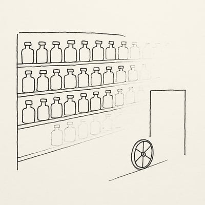 Prateleira cheia de frascos iguais cria sensação de excesso, enquanto uma roda simples em primeiro plano sugere um atalho sereno para decidir.