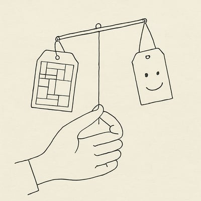 Duas etiquetas opostas, uma pesada e complexa e outra leve e serena, simbolizam maximização extenuante versus satisfazer com leveza.