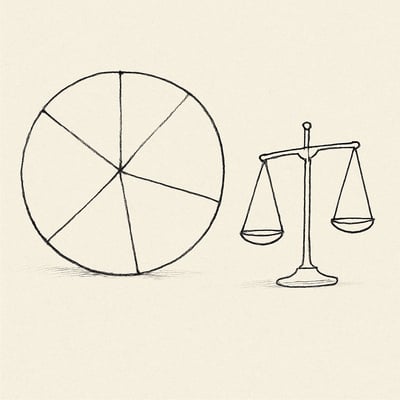 Roda com setores iguais ao lado de uma balança simples sugerem processo imparcial que desbloqueia decisões rápidas sem favoritismos.