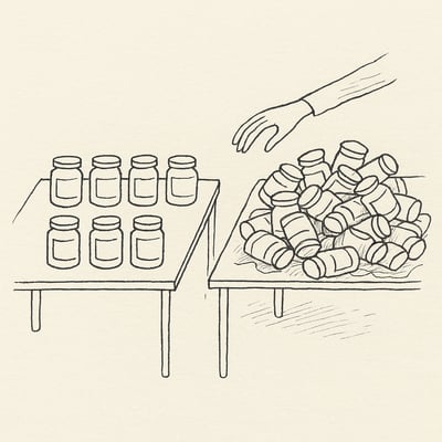 Twee jamtafels: één rustig met zes potten en één overvol. Een aarzelende hand tussen beide vangt het gevoel van keuze-overload en het verlangen naar eenvoud.