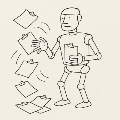 Een overbelaste robot laat kaarten uit de hand vallen tot er een klein setje overblijft, wat de opluchting toont wanneer opties worden teruggebracht.