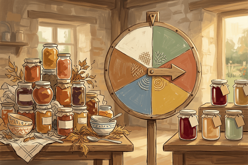 Hand-drawn spinner wheel beside two jam displays—one cluttered, one simple—capturing tension between abundance and clarity and relief through fair random choice.