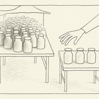 Minimalist sketch shows two jam displays—one cluttered, one sparse—while a hand hovers indecisively, highlighting how abundance can cloud decisions.