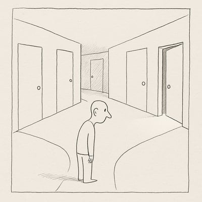 A lone figure faces many identical doors but notices one slightly open, suggesting that reducing options and clarifying goals can guide confident choices.