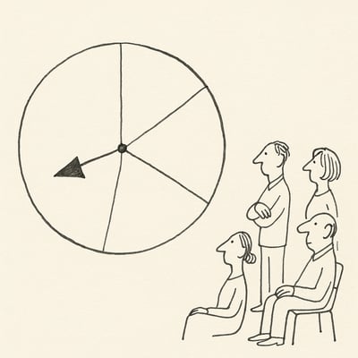 A simple spinner wheel with a few clear segments and a calm center, watched by a small group, evokes fair random selection that reduces tension.