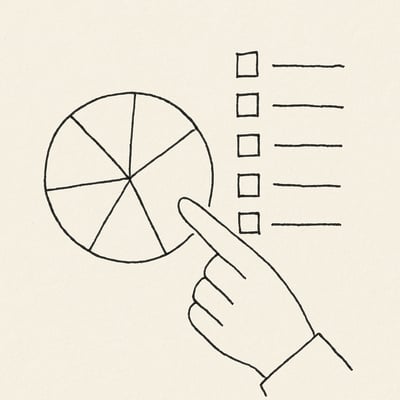 A sketched spinner wheel with a nearby five-box checklist and a poised finger, signalling a quick, fair way to move from options to action.