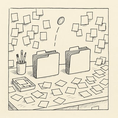 A messy desk full of notes with a coin flipping above twin folders, suggesting random selection as a relief from decision clutter and fatigue.