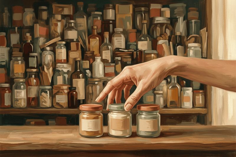 A single hand hovers over a small, tidy set of jars while a crowded shelf looms behind, capturing the pull between simplicity and overload.