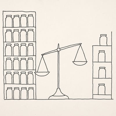 Zwei Regale mit vielen vs. wenigen Gläsern, eine neigende Waage deutet an, dass überschaubare Auswahl Entscheidungen leichter und zufriedener macht.