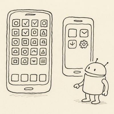 Zwei Smartphones: eines mit überladenen Icons, eines mit wenigen klaren Symbolen; eine Figur blickt erleichtert auf das reduzierte Gerät – weniger Optionen mindern Last.