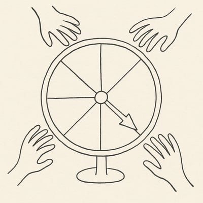 Ein reduziertes Glücksrad mit wenigen Segmenten und mehreren gleich grossen Händen symbolisiert faire Beteiligung, leichte Entscheidung und gemeinsame Akzeptanz.