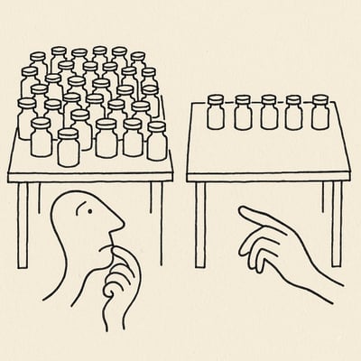 Ilustración monocroma muestra dos mesas de mermeladas: una con muchos frascos provoca duda; otra con seis frascos sugiere claridad y alivio al elegir.