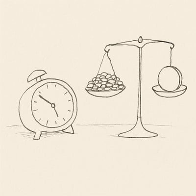 Reloj inclinado y balanza con muchas fichas frente a una sola ilustran la fatiga de decisión y el alivio al reducir alternativas complejas.
