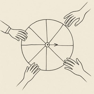 Ruleta minimalista en giro suave con manos alrededor sugiere procedimiento imparcial que reduce fricción y reparte oportunidades de forma equitativa.