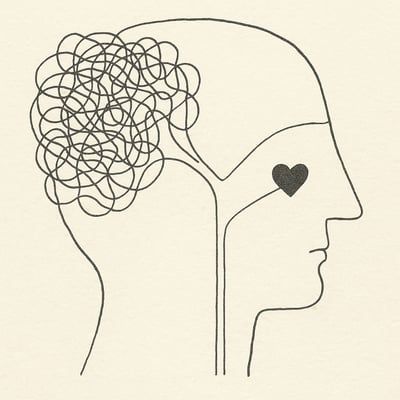 Fili aggrovigliati contro pochi fili tesi dentro una testa stilizzata; il cuore al centro suggerisce sollievo quando le opzioni si riducono e la decisione si chiarisce.