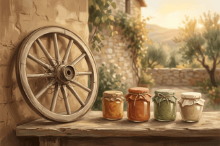 Una ruota minimalista accanto a pochi vasetti di marmellata; la linea incerta suggerisce il passaggio dalla confusione alla serenità della scelta.