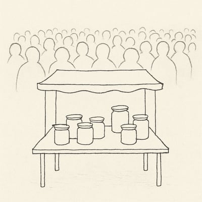 Banca com dois frascos de compota e uma mão hesitante; ao fundo, sombras de muitos frascos sugerem excesso de opções e indecisão.