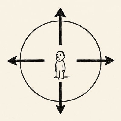 Roda mental com setas para caminhos opostos e uma pessoa ao centro, transmitindo tensão entre escolher o melhor e o suficiente.