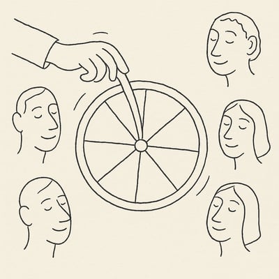 Mão a girar uma roda minimalista com setores iguais; rostos à volta observam com calma, sugerindo imparcialidade, alívio e compromisso.