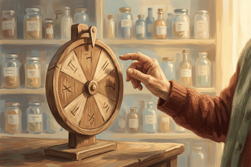 Uma mão prestes a girar uma roda simples; ao fundo, prateleiras esbatidas de frascos evocam escolhas a mais e a busca de clareza.