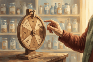 Uma mão prestes a girar uma roda simples; ao fundo, prateleiras esbatidas de frascos evocam escolhas a mais e a busca de clareza.