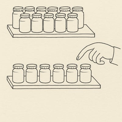 Twee planken met potten jam: de ene overladen met varianten, de andere met zes; een aarzellende hand illustreert keuzestress.