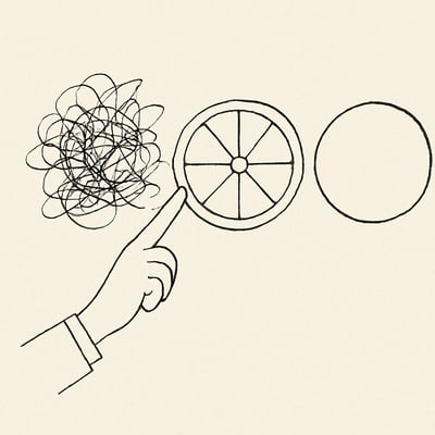 Een hand tikt een eenvoudig rad; aan de rand vervaagt chaos naar rust, als metafoor voor keuzehulp via toeval.