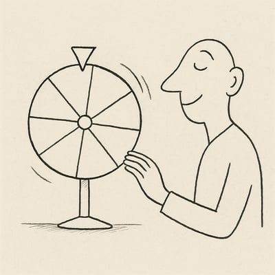 Ein einfaches Glücksrad wird angestoßen; die Person wirkt erleichtert und neugierig – das Rad steht für faire Zufallsentscheidung und kognitive Entlastung.