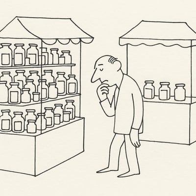 Zwei Stände mit vielen versus wenigen Marmeladengläsern; eine Person in der Mitte ringt mit der Entscheidung, symbolisiert Anziehung und Überforderung.