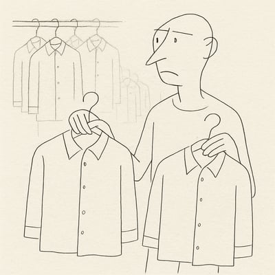 Person vergleicht zwei ähnliche Hemden, dahinter verschwimmen viele weitere Optionen; vermittelt Erwartungsanstieg, Vergleichsstress und Reuegefahr.