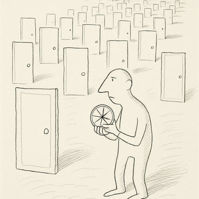 A lone person surrounded by endless identical doors clutches a small spinner wheel like a compass, capturing the anxious weight of too many options.
