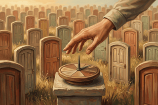 A single hand hovers over a small spinner wheel amid a field of identical doors, capturing the tension between infinite options and one calm, fair decision.