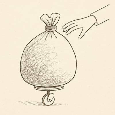 A heavy, messy bundle of choices is gently placed on a small spinner wheel that bears the load, suggesting cognitive offloading through randomization.