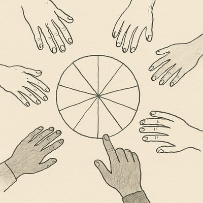 A circle of hands hovers over an equal-slice spinner, one finger poised to flick, evoking shared ownership and procedural fairness in group decisions.
