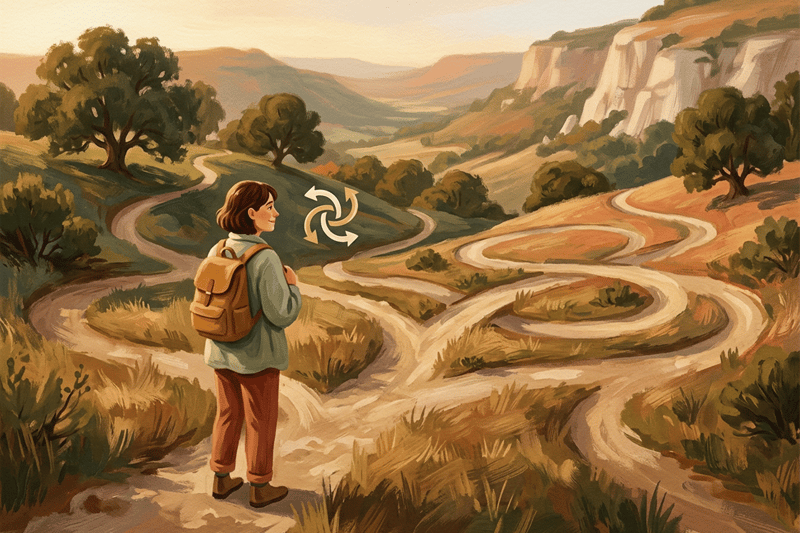 A person facing a tangle of branching paths that loop back on themselves, pausing with a gentle smile as a small spinner icon steadies their choice.