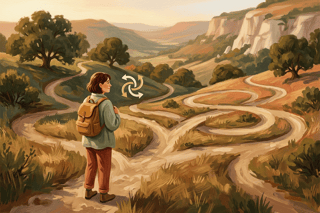 A person facing a tangle of branching paths that loop back on themselves, pausing with a gentle smile as a small spinner icon steadies their choice.