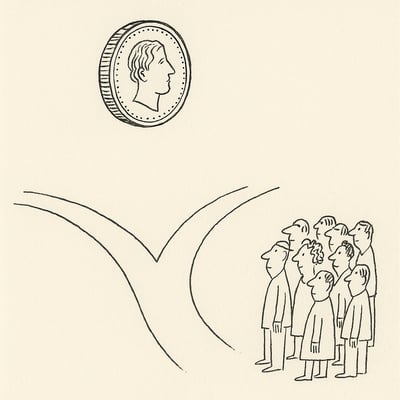 A simple coin hovers over two equal paths as a small group watches with calm faces, hinting at relief and fairness when chance makes the call.