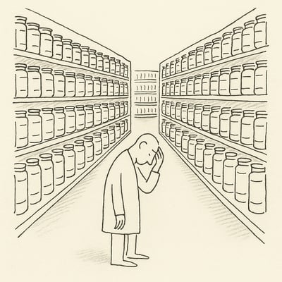A lone shopper stands before endless near-identical jars in split aisles, head bowed and hand to temple, capturing the overwhelm of too many options.