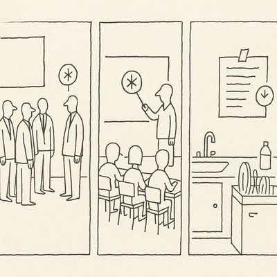 Three minimalist scenes—team stand-up, classroom, kitchen chores—each with a subtle spinner icon, showing everyday choices eased by random selection.