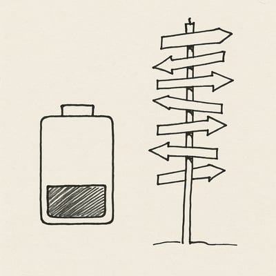 Handzeichnung einer halbleeren Batterie neben einem überfrachteten Wegweiser – Symbol für Entscheidungsmüdigkeit und drohende Reue bei zu vielen Pfaden.