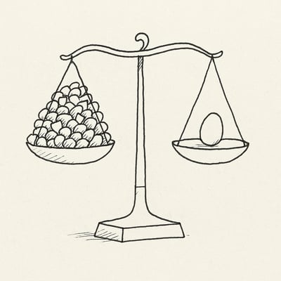 Minimalistische Waage mit übervoller Schale links und einem klaren Objekt rechts, sinnbildlich für Wahlüberlastung versus fokussierte Auswahl.