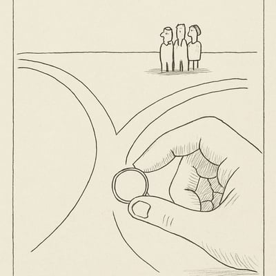 Mano sosteniendo una moneda sobre dos caminos iguales, un grupo tranquilo observa, sugiriendo confianza social cuando decide el azar.