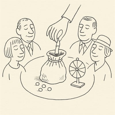 Gruppe im Kreis; ein Losbeutel und ein Zufallsrad in der Mitte. Eine Hand zieht blind. Die Szene vermittelt Akzeptanz und wahrgenommene Fairness.