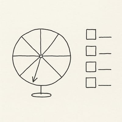 Una rueda de decisiones dibujada a mano junto a una lista breve, evocando juego y alivio cognitivo al dejar que el azar elija entre opciones válidas.