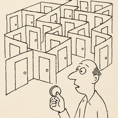 Persona ante un laberinto de puertas idénticas, sosteniendo una moneda, simboliza tensión entre exceso de opciones y alivio que ofrece el azar.