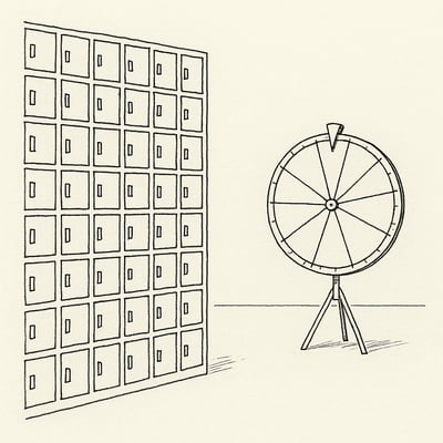 Minimalistische Skizze: links viele kleine Türen, rechts ein schlichtes Zufallsrad; die Komposition lenkt den Blick zur ruhigeren, klaren Wahl.