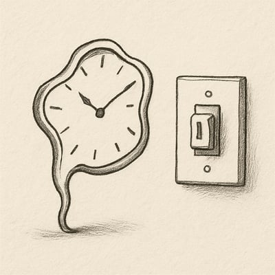 Horloge esquissée près d'un interrupteur immobile, suggérant la fatigue décisionnelle qui fige l'action et favorise des choix par défaut.